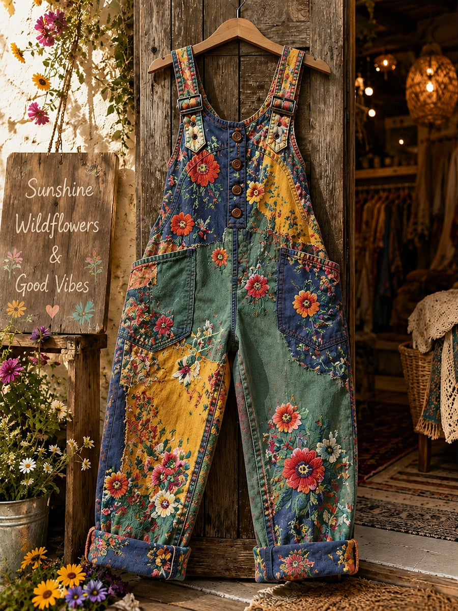 Women's Retro Style Art Print Washed Cotton Denim Patchwork Jumpsuit